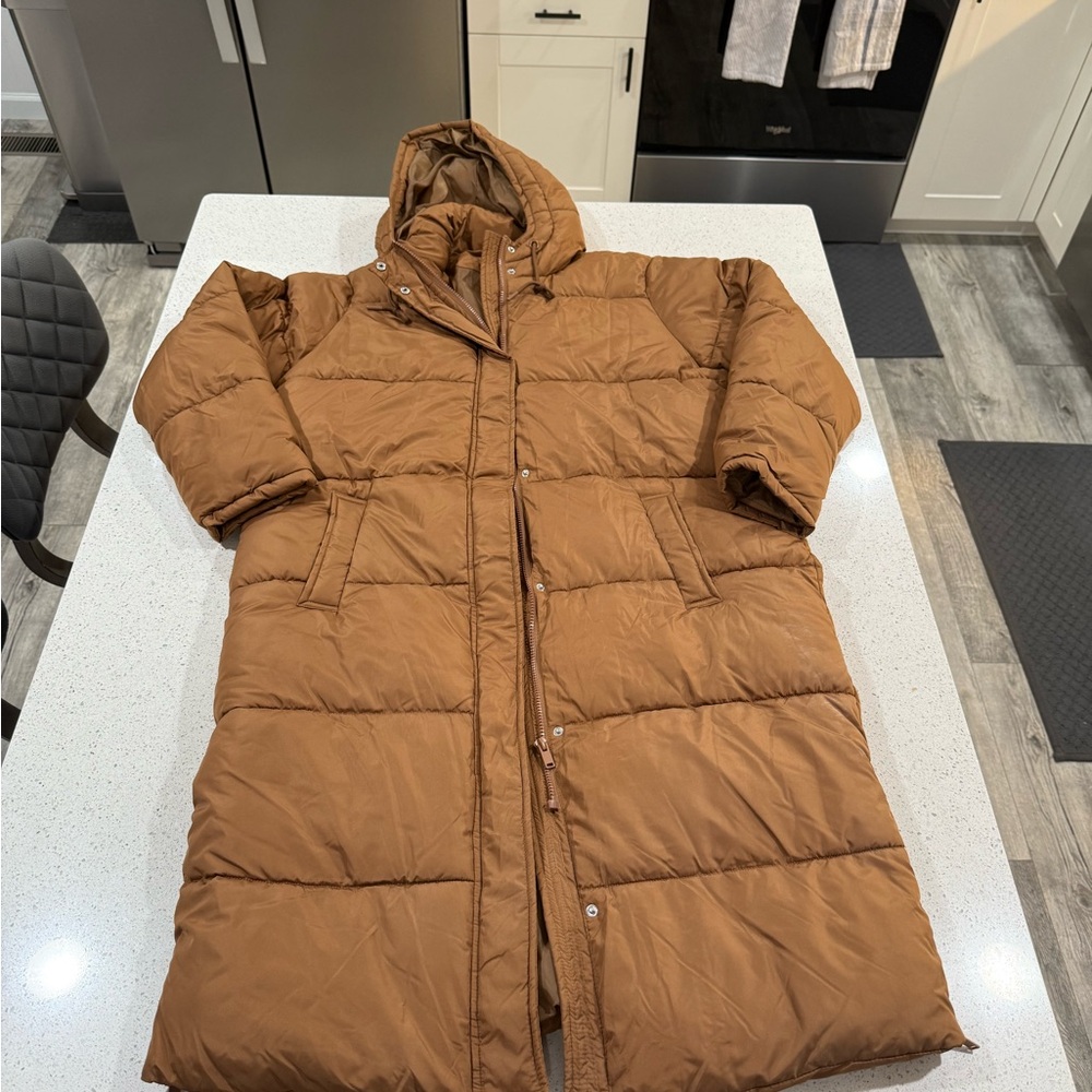 Brown Quilted Puffer Coat with Hood